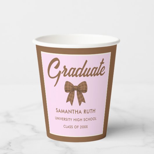 Braune Gingham-Schleifen-Abschlussfeier-Papierbech Pappbecher (Vorderseite)