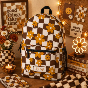 Braune Groovy Gänseblümchen Blumen Karo Bedruckter Rucksack