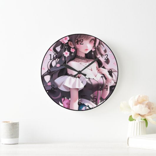 Braune Haarbühe mit rosa Blume im Haar Große Wanduhr (Zuhause)