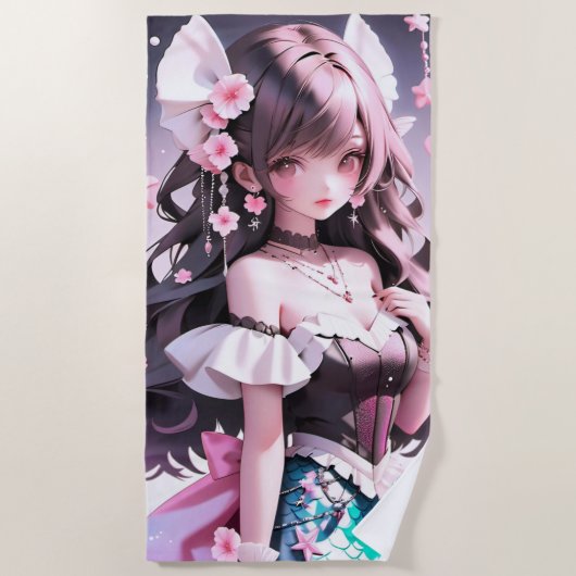 Braune Haarbühe mit rosa Blume im Haar Strandtuch (Vorderseite)