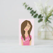 Braune Haare Frau in rosa Friseur Visitenkarte (Stehend Vorderseite)
