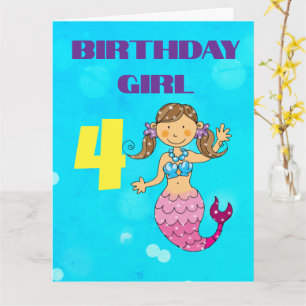 Braune Haare Meerjungfrau zum 4. Geburtstag Karte