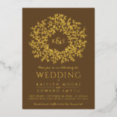Braune handgezeichnete Blatt-Monogramm-Art Goldhoc Folieneinladung (Vorderseite)