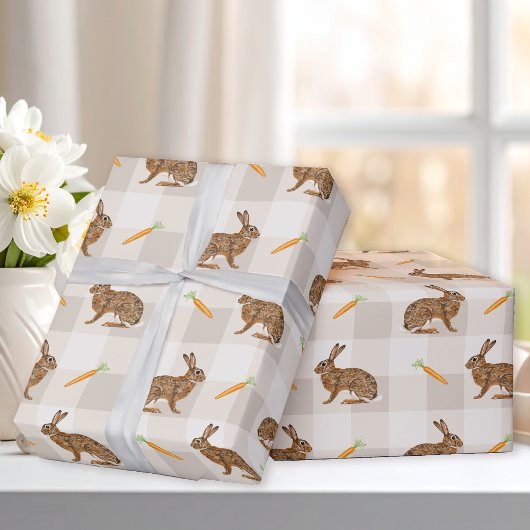 Braune Hasen Und Karotten Beige Gingham Frühling Geschenkpapier