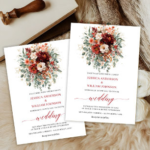 Braune Herbstblumen Boho Eukalyptus Hochzeitskarte Einladung