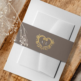 Braune Hochzeit mit goldfarbenem Herz Einladungsbanderole