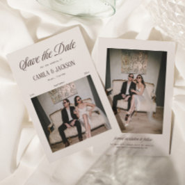 Braune Hochzeits-Save-the-Date-Foto mit Gericht Einladung