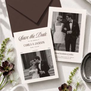 Braune Hochzeits-Save-the-Date-Foto mit Gericht Einladung