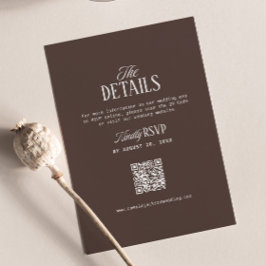 Braune Hochzeitsdetails RSVP Qr Code Schokolade Begleitkarte