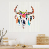 Braune Hörner und farbenfrohe Federn auf Bullensch Poster (Küche)