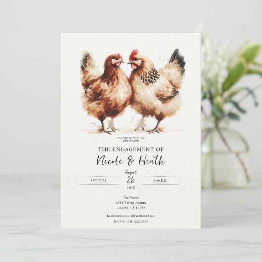 Braune Hühner Wasserfarbe Rustikale Engagement Par Einladung (Stehend Vorderseite)