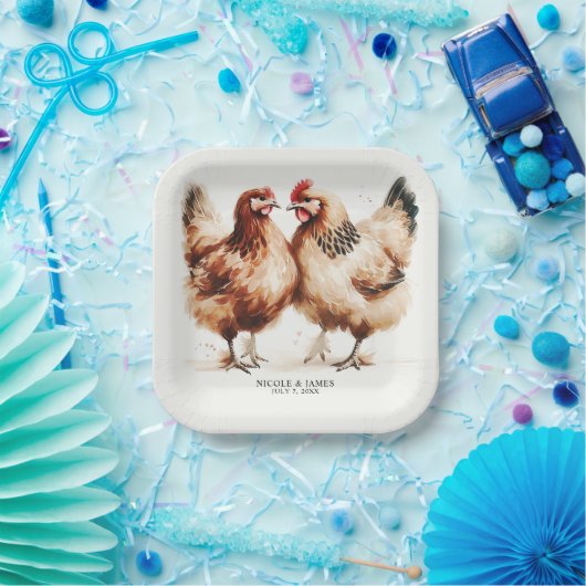 Braune Hühner Wasserfarbe Rustikale Hochzeit Pappteller (Party)