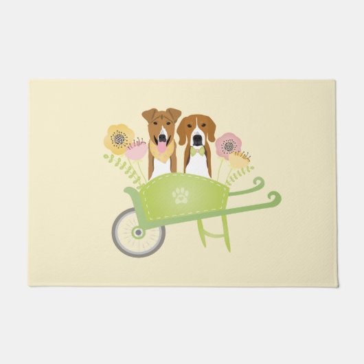 Braune Hunde in Schubkarren Frühlingsblumen Fußmatte (Vorderseite)