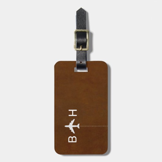 Braune Imitate Leather Moderne Monogramm Gepäckanhänger (Vorderseite vertikal)