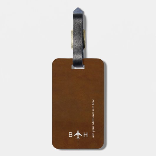 Braune Imitate Leather Moderne Monogramm Gepäckanhänger (Rückseite vertikal)