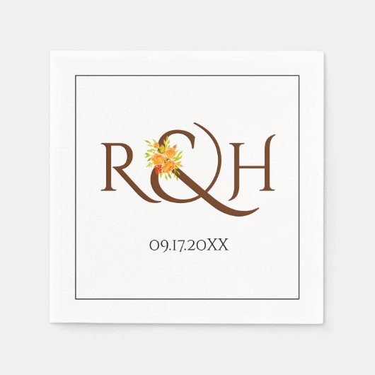Braune Initialen Ampere und orangefarbene Rose Hoc Serviette (Vorderseite)