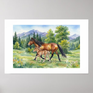 Braune Isländer Pferd und Fohlen auf einer Bergwie Poster