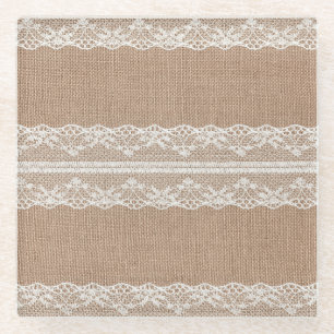 Braune Jute Leinen Weiß Spitze Textur Glasuntersetzer