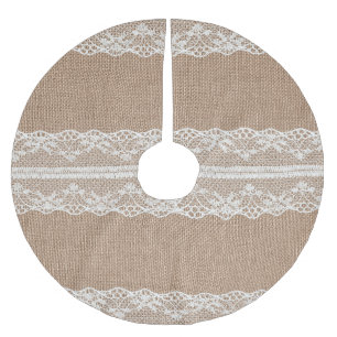Braune Jute Leinen Weiß Spitze Textur Polyester Weihnachtsbaumdecke