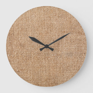 Braune Jute-Textur, rustikales Sackleinen. Große Wanduhr