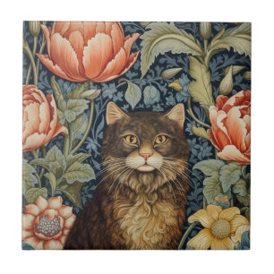 Braune Katze und Pfingstrosen-Blumen Art Nouveau Fliese