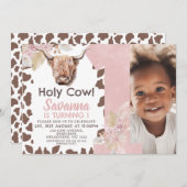 Braune Kuh Print Boho Floral Heilige Kuh 1. Geburt Einladung (Vorne/Hinten)