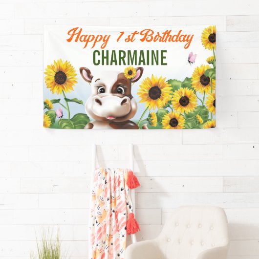 Braune Kuh Sonnenblume Mädchen Erstgeburt Banner (Insitu)