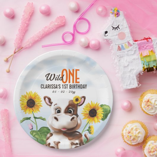 Braune Kuh Sonnenblume Mädchen Erstgeburt Pappteller (Party)