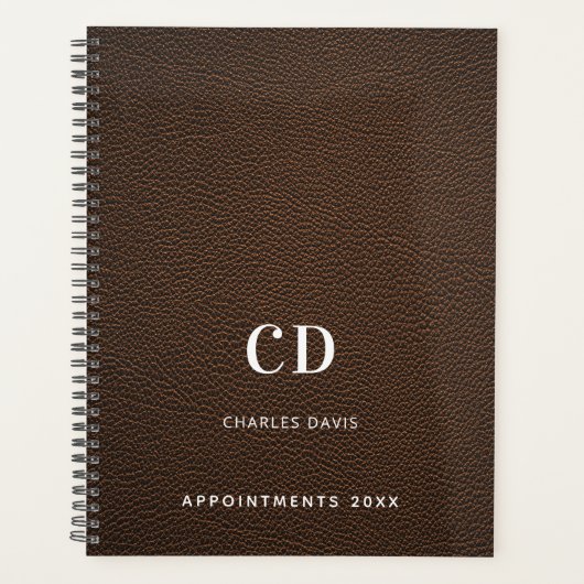 Braune Ledermonogramm-Initialen 2026 Planer (Vorderseite)