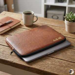 Braune Lederoptik-Monogramm personalisiert Laptopschutzhülle