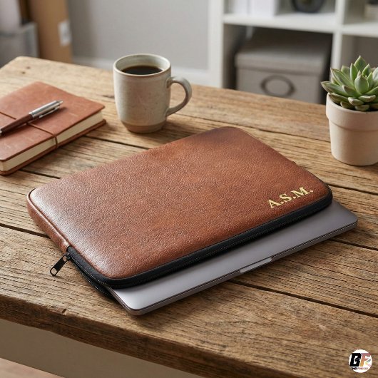 Braune Lederoptik-Monogramm personalisiert Laptopschutzhülle