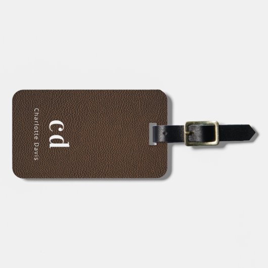 Braune Ledertextur Monogramm Gepäckanhänger (Vorderseite horizontal)