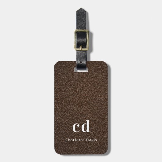Braune Ledertextur Monogramm Gepäckanhänger (Vorderseite vertikal)