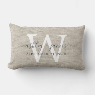 Braune Leinen Weiße Monogramm Hochzeitsandenken Lendenkissen