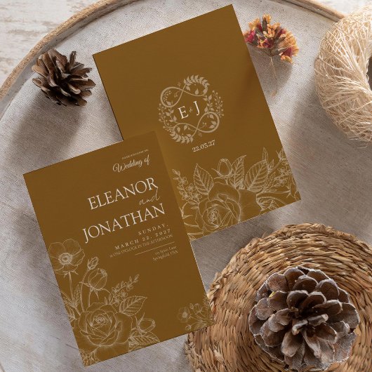 Braune Minimalistische Rustikale Florale Elegante  Einladung