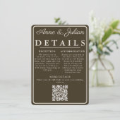 Braune moderne Hochzeitsdetails Karte QR-Code & Fo (Stehend Vorderseite)