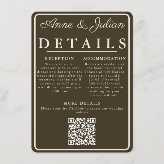 Braune moderne Hochzeitsdetails Karte QR-Code & Fo (Vorderseite)