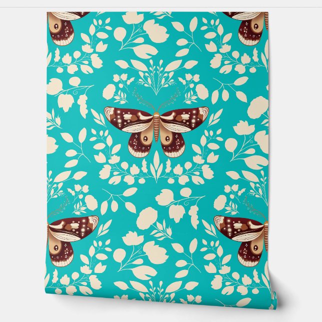 Braune Moth & Cream Foliage Tapete auf Türkis (Abrollen)