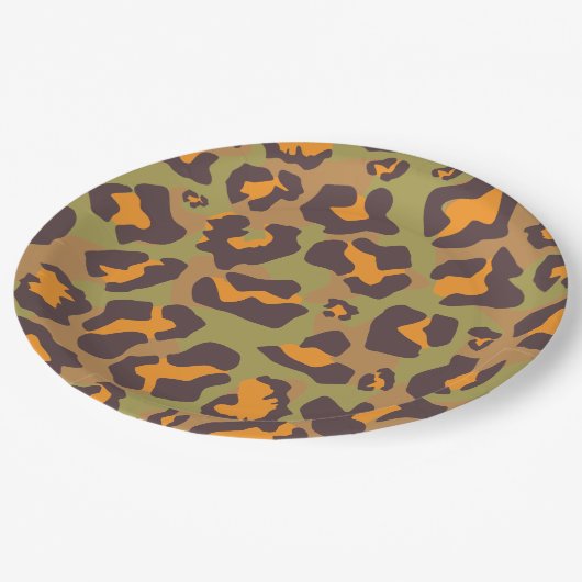 Braune, orangefarbene und olivgrüne Leoparden Pappteller (Schrägansicht)