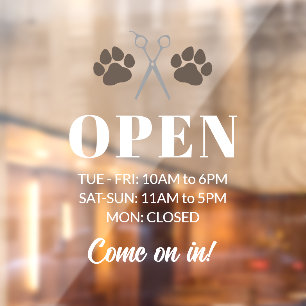 Braune Paws Scheren Open Hours Hunde wachsen Fensteraufkleber