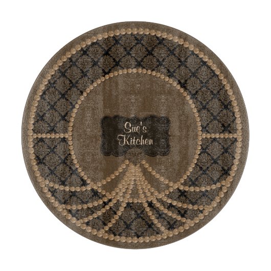Braune Perle Damask Round Glass Cutting Board Schneidebrett (Vorderseite)