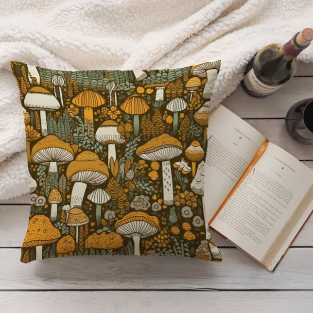 Braune Pilze Vintag botanisch Kissen (Retro orange mushrooms on brown decorator pillow)