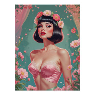 Braune Pin-Up-Frisur mit Pony und rosa Blumen Poster