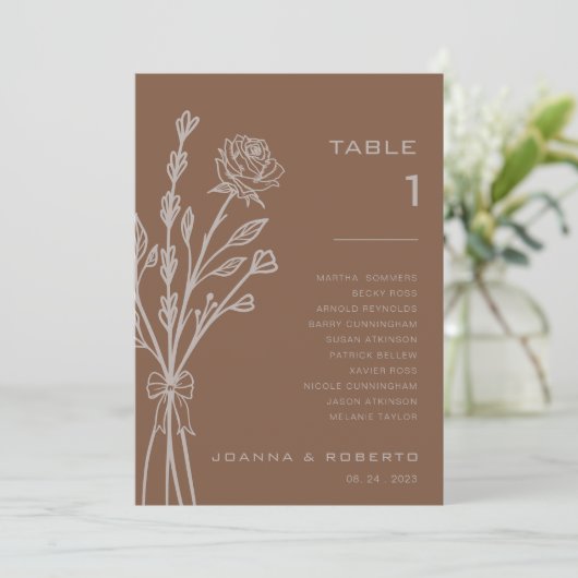 Braune Rose Blumenmuster Tischnummer 1 Sitzplan (Stehend Vorderseite)