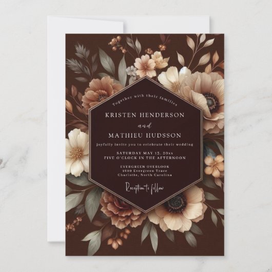 Braune Rustikale Hochzeit mit Blumen Einladung (Vorderseite)