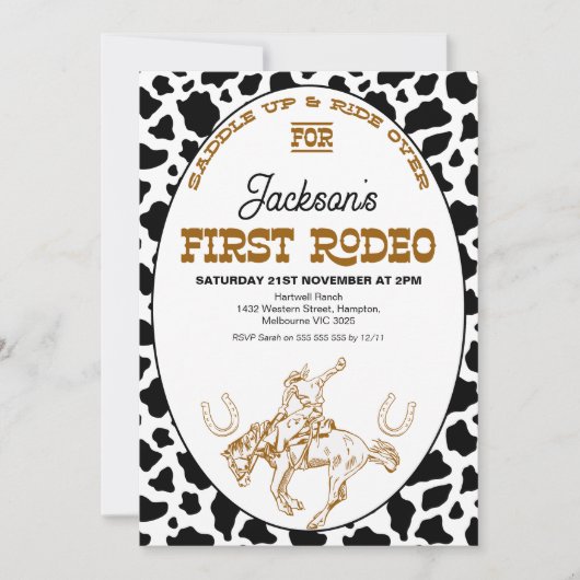 Braune schwarze Kuh Print erste Rodeo 1. Geburtsta Einladung (Vorderseite)