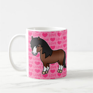 Braune Shetlandpony-Cartoon-Illustration auf Rosa Kaffeetasse