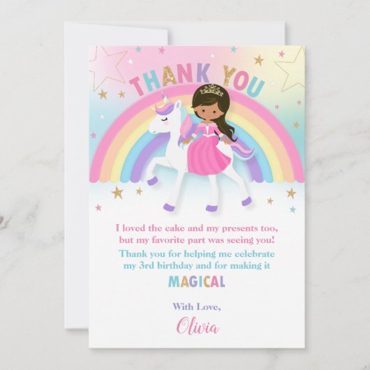 Braune Skin Princess und Rainbow Unicorn Geburtsta Dankeskarte (Vorderseite)