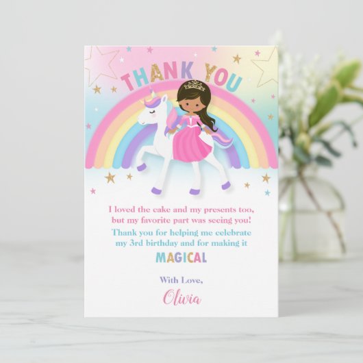 Braune Skin Princess und Rainbow Unicorn Geburtsta Dankeskarte (Stehend Vorderseite)