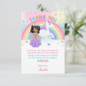 Braune Skin Princess und Rainbow Unicorn Geburtsta Dankeskarte (Stehend Vorderseite)